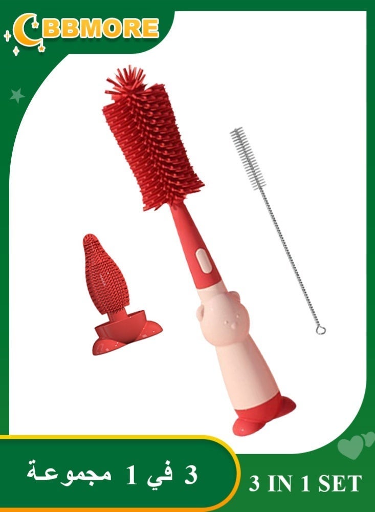 BBMORE 3-in-1 Silicone Feeding Bottle Brush,  Bottle Cleaning Brush with Long Handle Portable for Baby Bottles, Sports Bottle, Vase, Glassware, Smaller Diameter Bottle Openings（Red) - Image 1